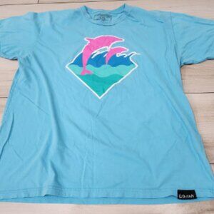 Vtg Mens Pink Dolphin Shirt 2XL Blue pink Skateboard Crew Tee Streetwear USA